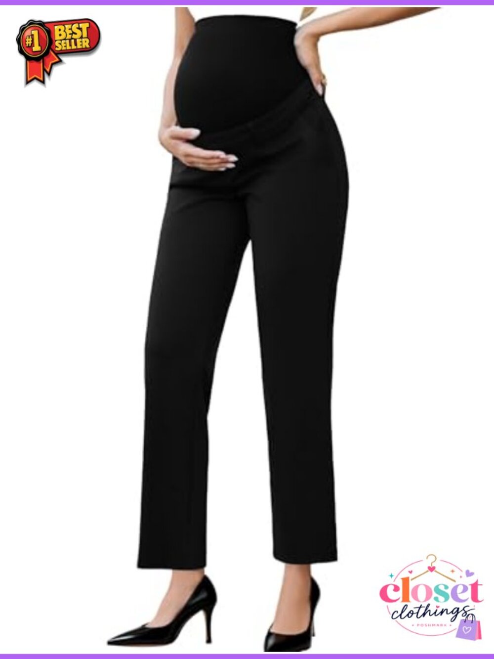 Maternity Work Pants Seamless Over Belly Straight Leg Slacks Business